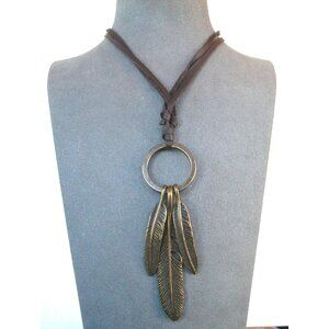 Antique Bronze Feather Necklace & Earrings Set With Chain Bracelet